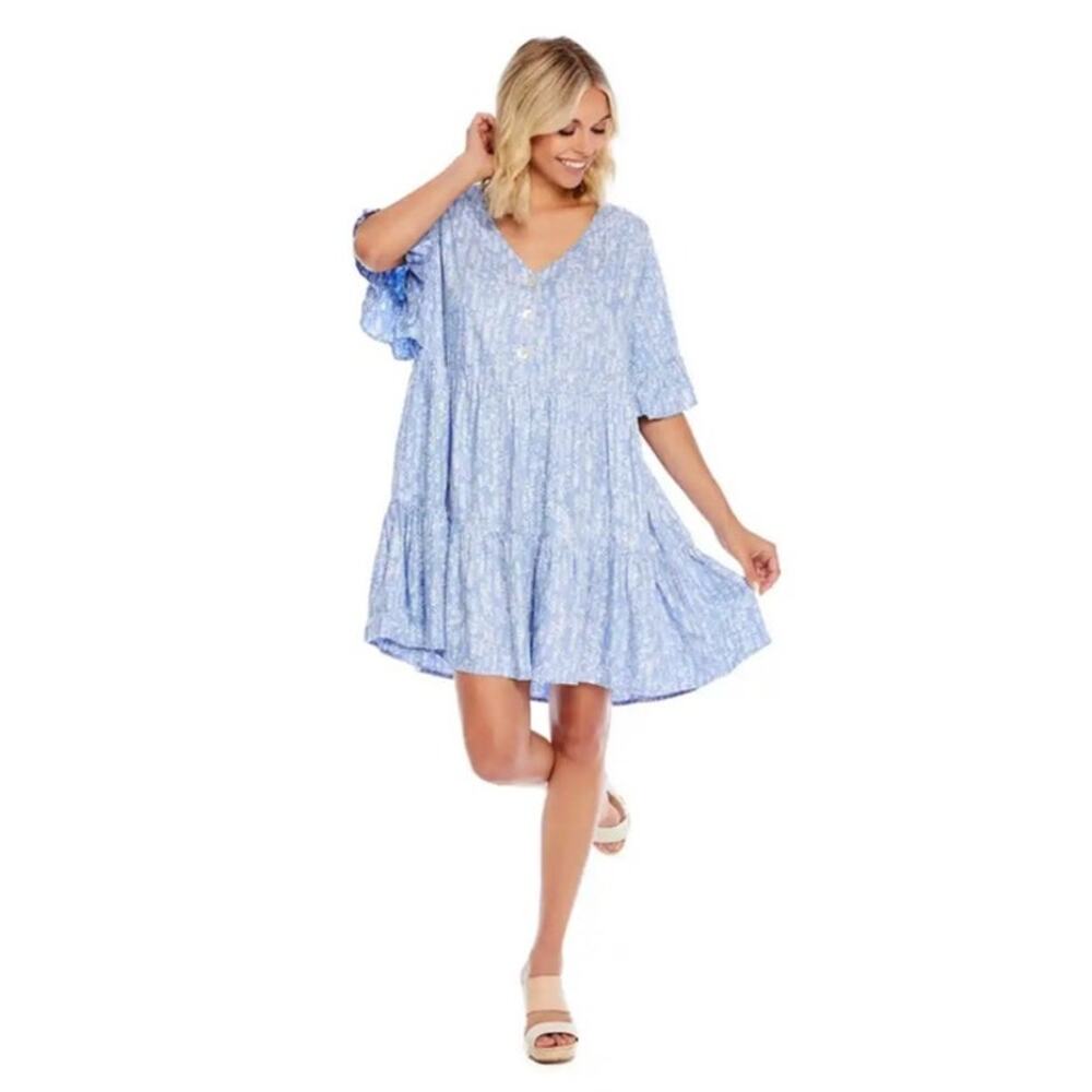 MUDPIE MUD PIE Blue White Print Tiered Mini Babydoll Dress LARGE Flowy Coastal